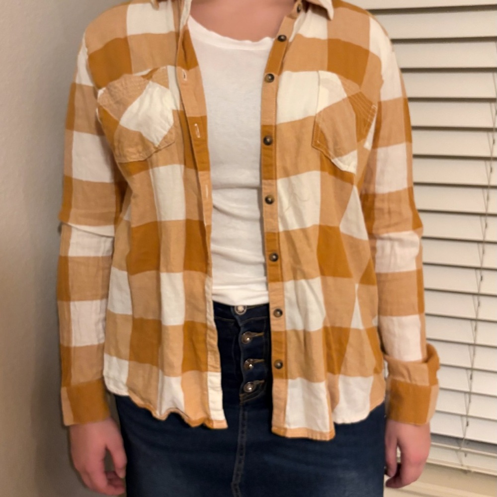 Maurices Mustard and White Plaid Button Down Shirt
